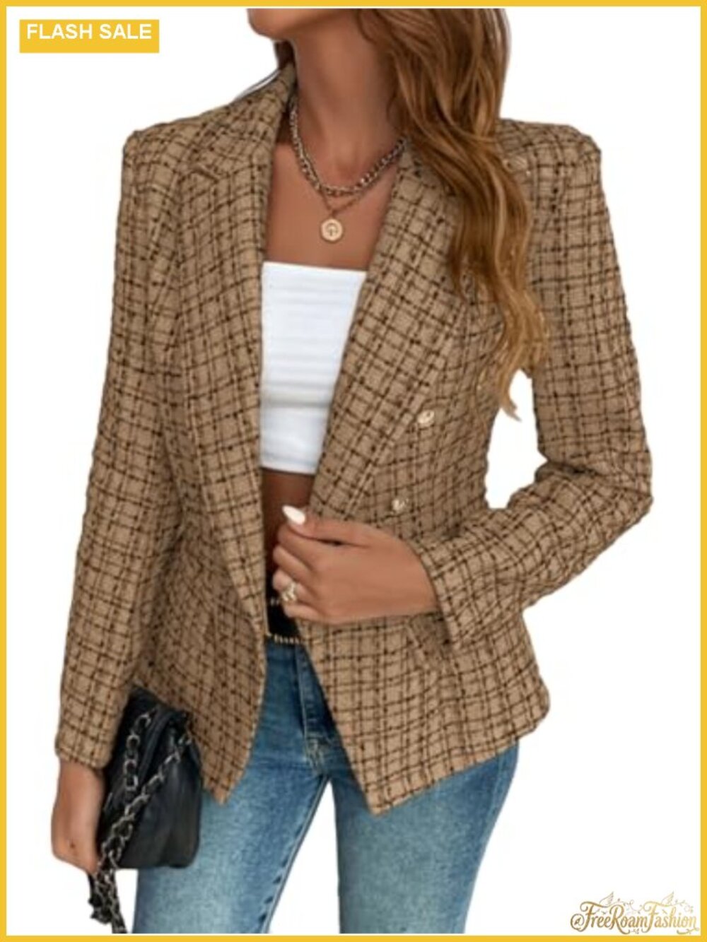 Tweed Plaid Blazer Double Breasted Fully Lined Work Blazer with Pockets